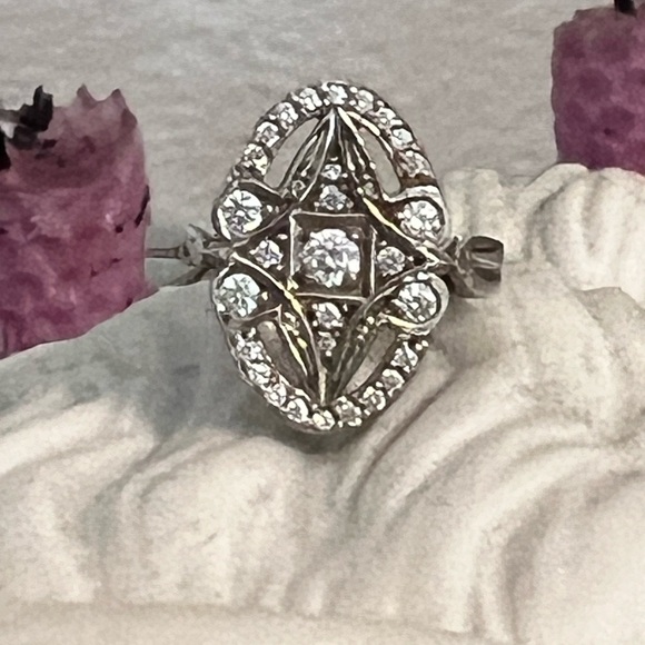 Edwardian Ring, Round Cut CZ & Moissanite Diamond - Picture 1 of 12
